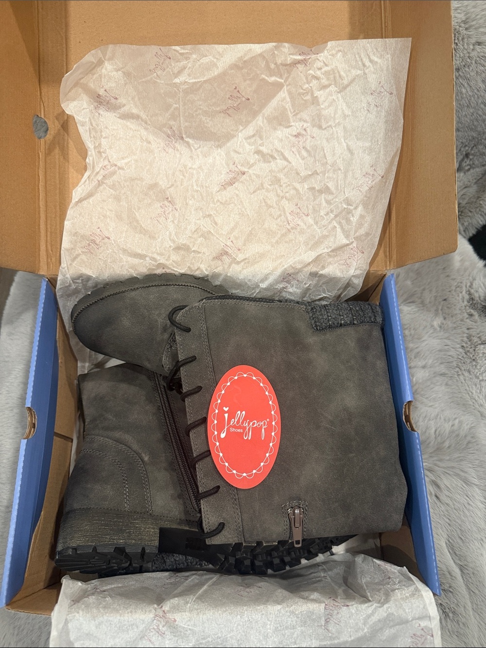 NWT Jellypop Tomi Charcoal Lace Up Riding Boots Gray Faux Suede Tall Flat Shoes - Picture 6 of 9